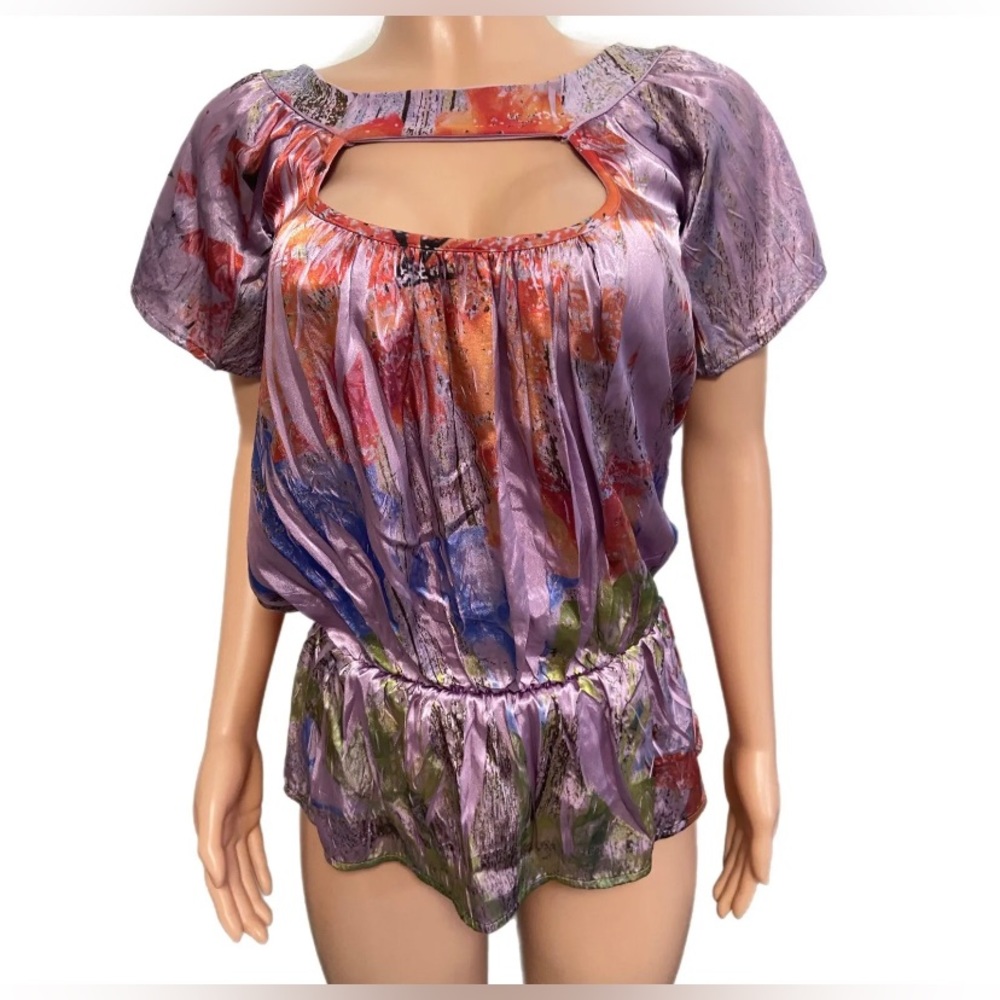 Sexy Lilac Purple Floral Cut Out Poly Elastic tunic Cleavage top Glam Trendy Top